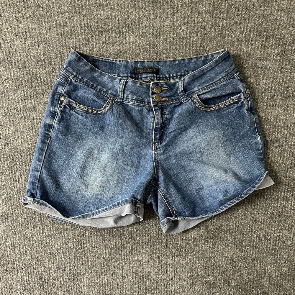 Baccini Denim Shorts Womens Size 10P Blue Stretch Embroidered Double Button